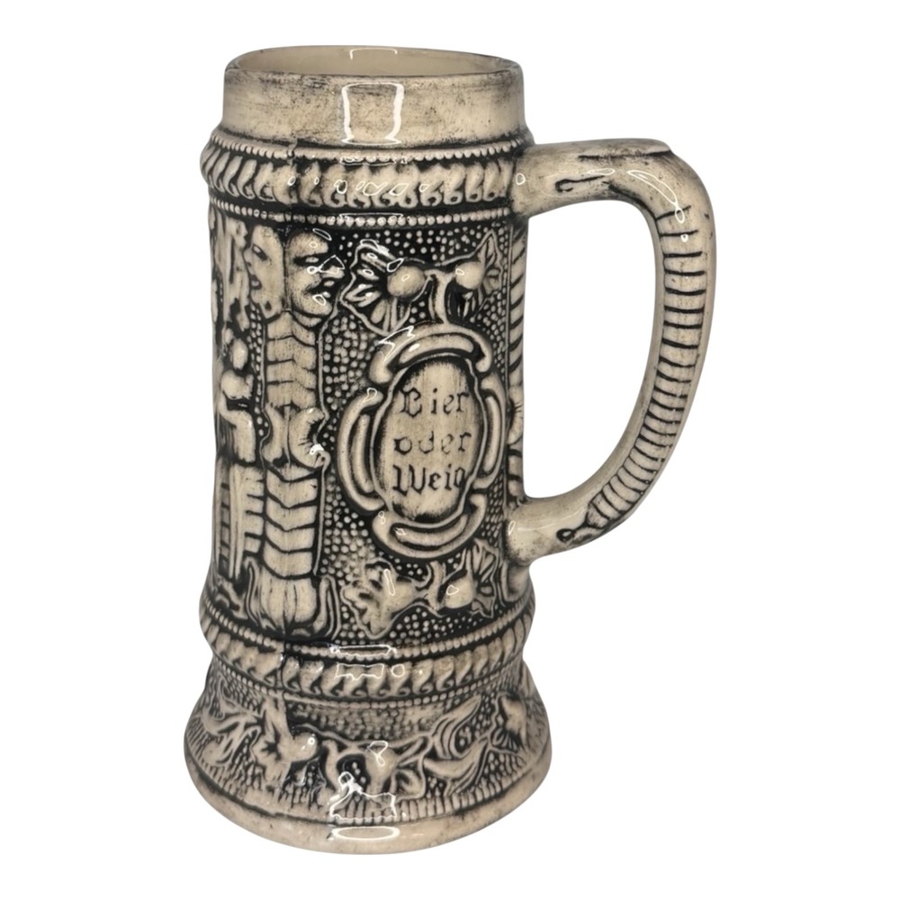 Vintage German Beer Stein Medieval Relief Ceramic Mug Bier Oder Wein Cream Black - Picture 1 of 6